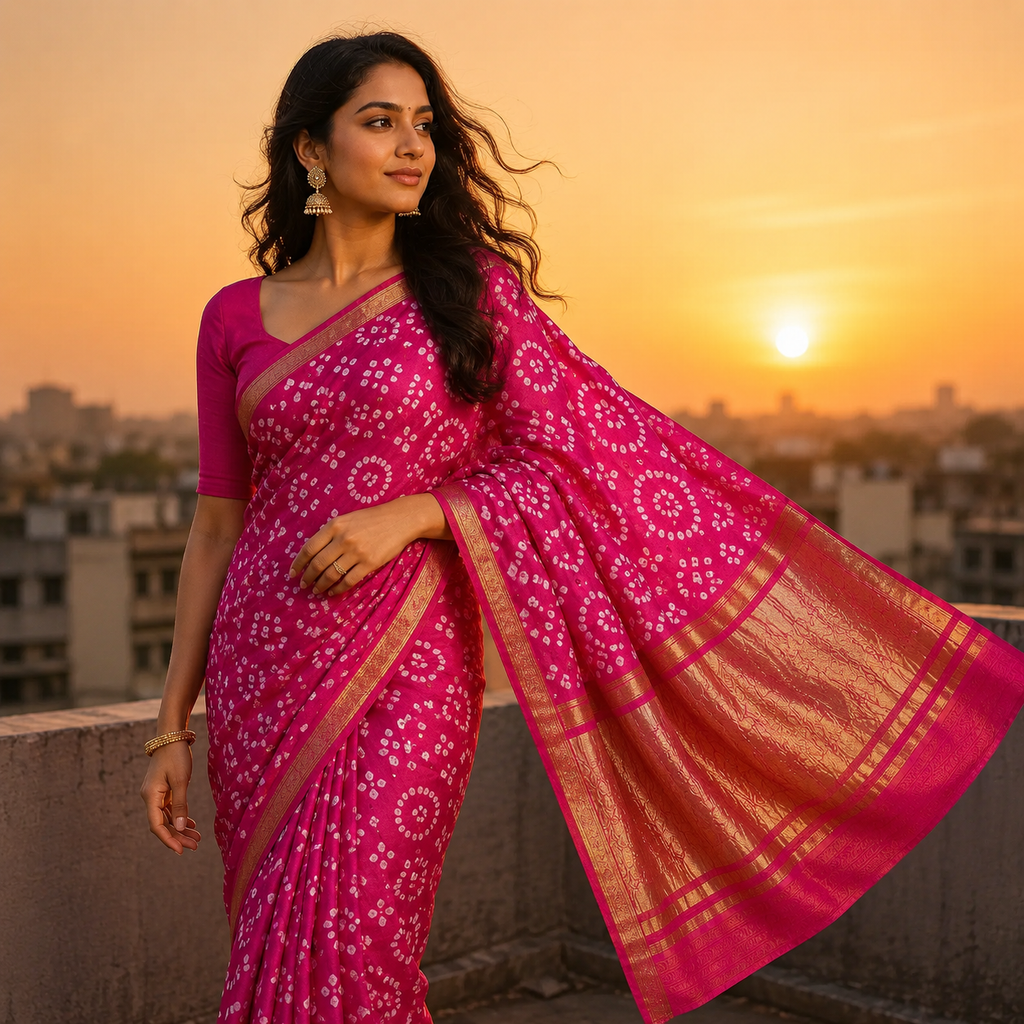 Pink Gajji Silk Bandhani Saree With Blouse – Handcrafted Elegance In Every Dot For Women