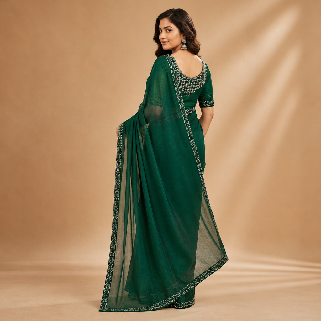 Green Organza Saree With Velvet Blouse – A Whisper Of Royalty For Women