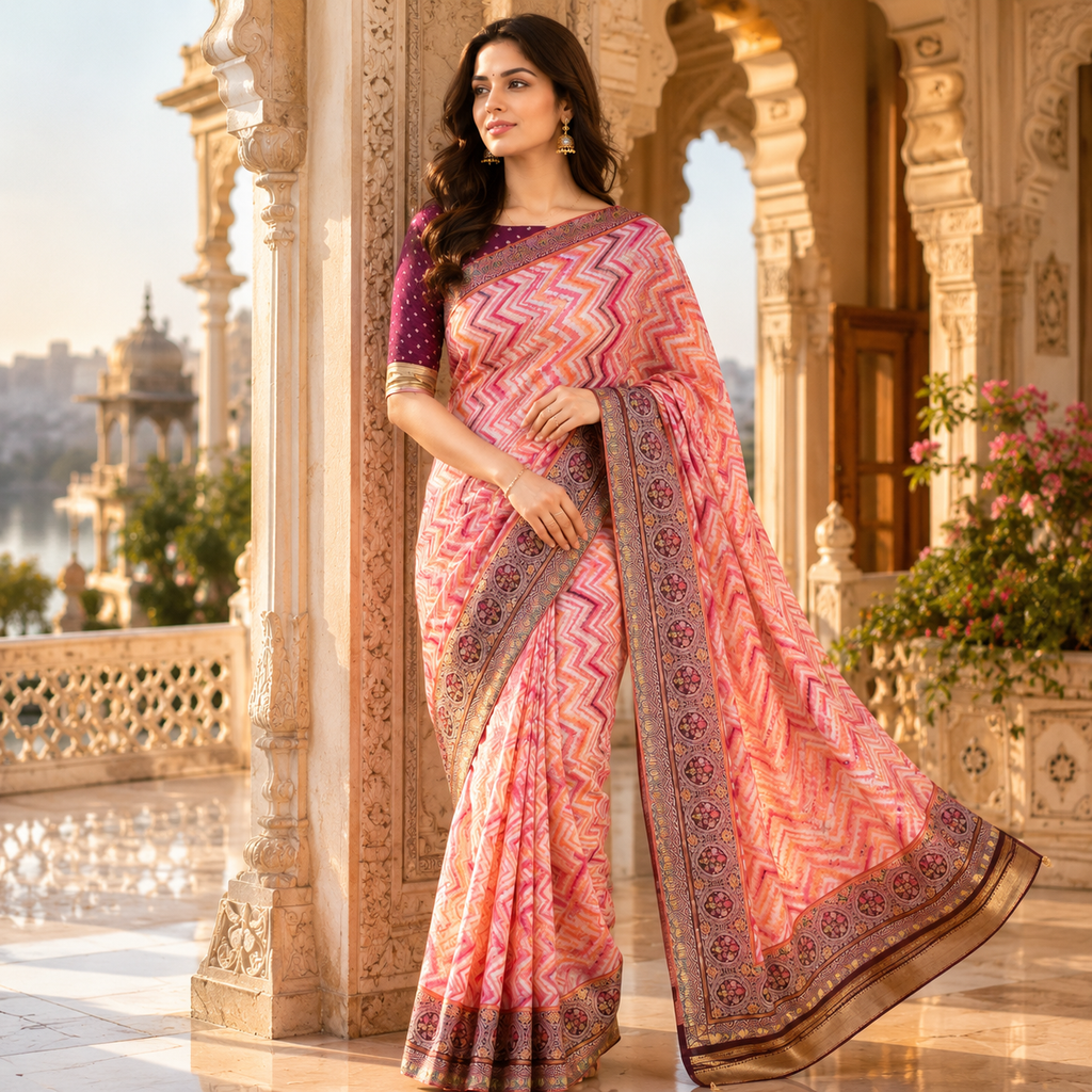Pink Banarasi Kora Silk Saree With Chevron Weave And Antique Zari Border For Women