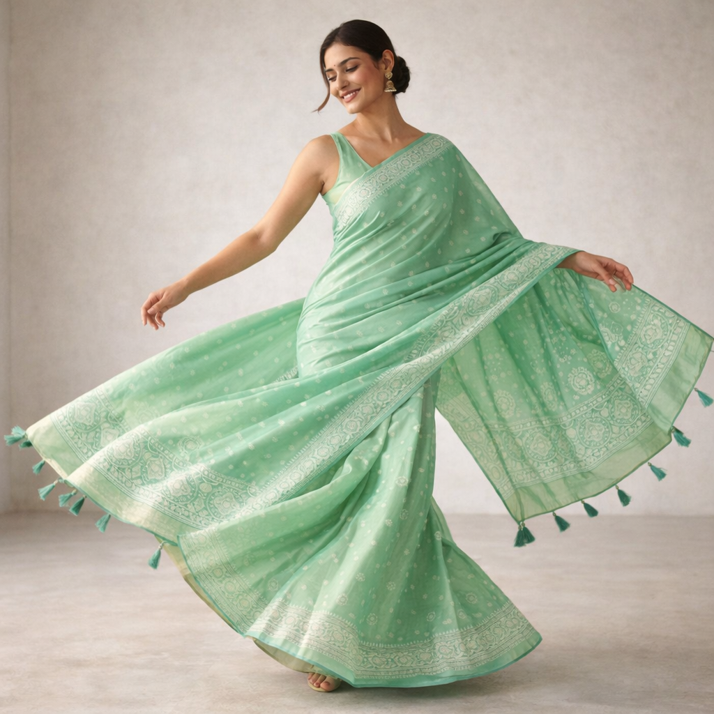 Light Green Ajrakh Kasturi Saree – Soft Elegance, Handcrafted To Charm For Women