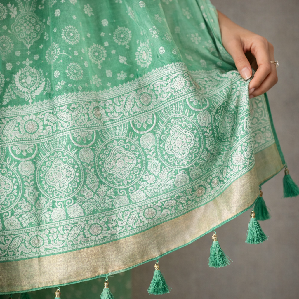 Light Green Ajrakh Kasturi Saree – Soft Elegance, Handcrafted To Charm For Women