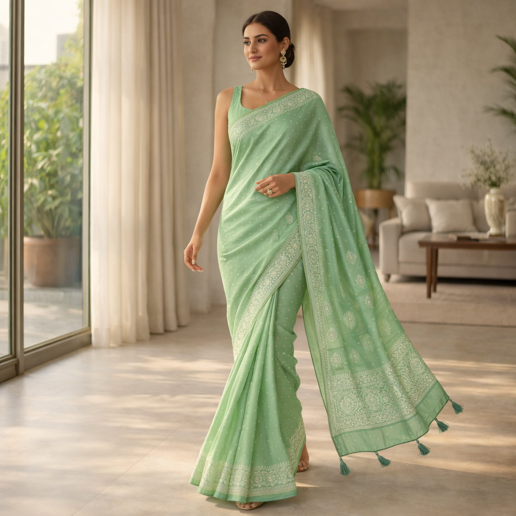 Light Green Ajrakh Kasturi Saree – Soft Elegance, Handcrafted To Charm For Women
