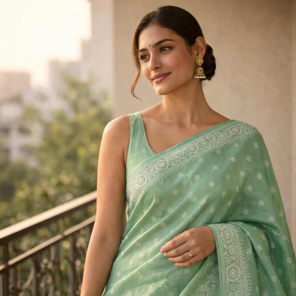 Light Green Ajrakh Kasturi Saree – Soft Elegance, Handcrafted To Charm For Women