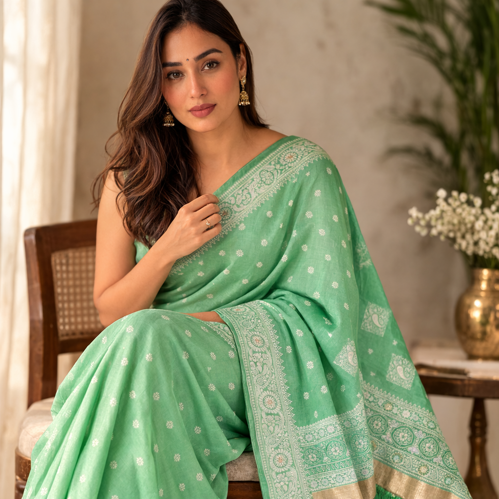 Light Green Ajrakh Kasturi Saree – Soft Elegance, Handcrafted To Charm For Women