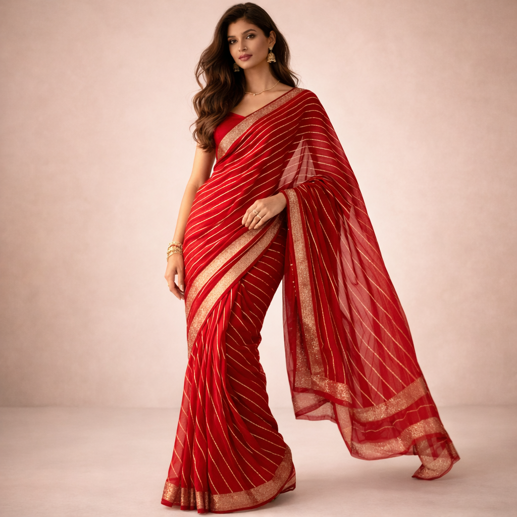 Red Soft Georgette Weaved Silver Lines Andamp; Siroski Border Saree Designer Blouse For Women