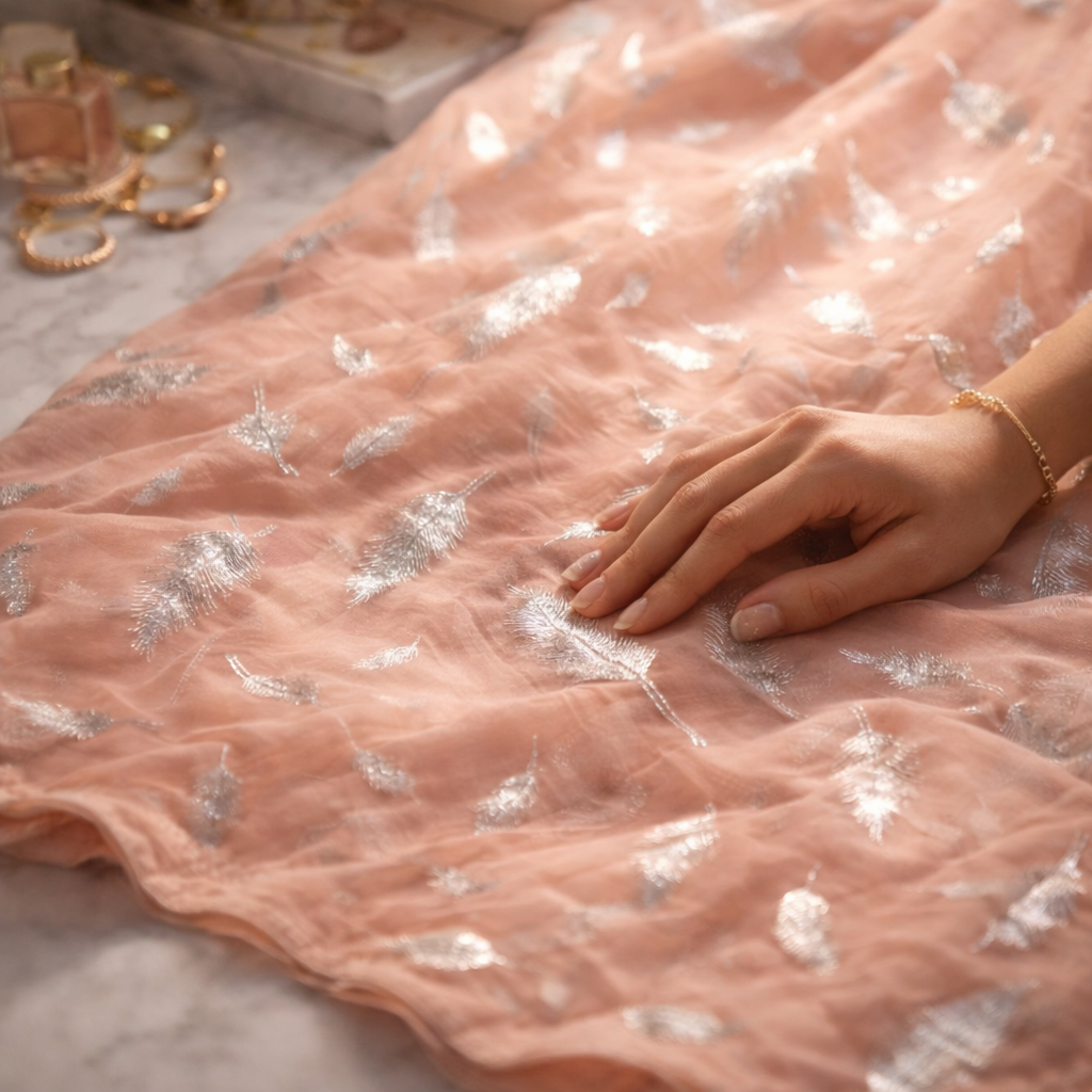 Peach Chiffon Saree With Elegant Chikan Embroidered Blouse For Women