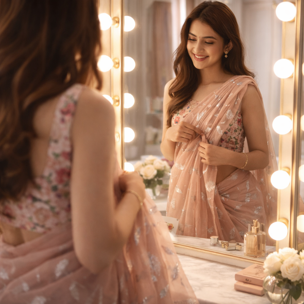 Peach Chiffon Saree With Elegant Chikan Embroidered Blouse For Women