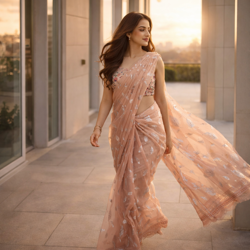 Peach Chiffon Saree With Elegant Chikan Embroidered Blouse For Women