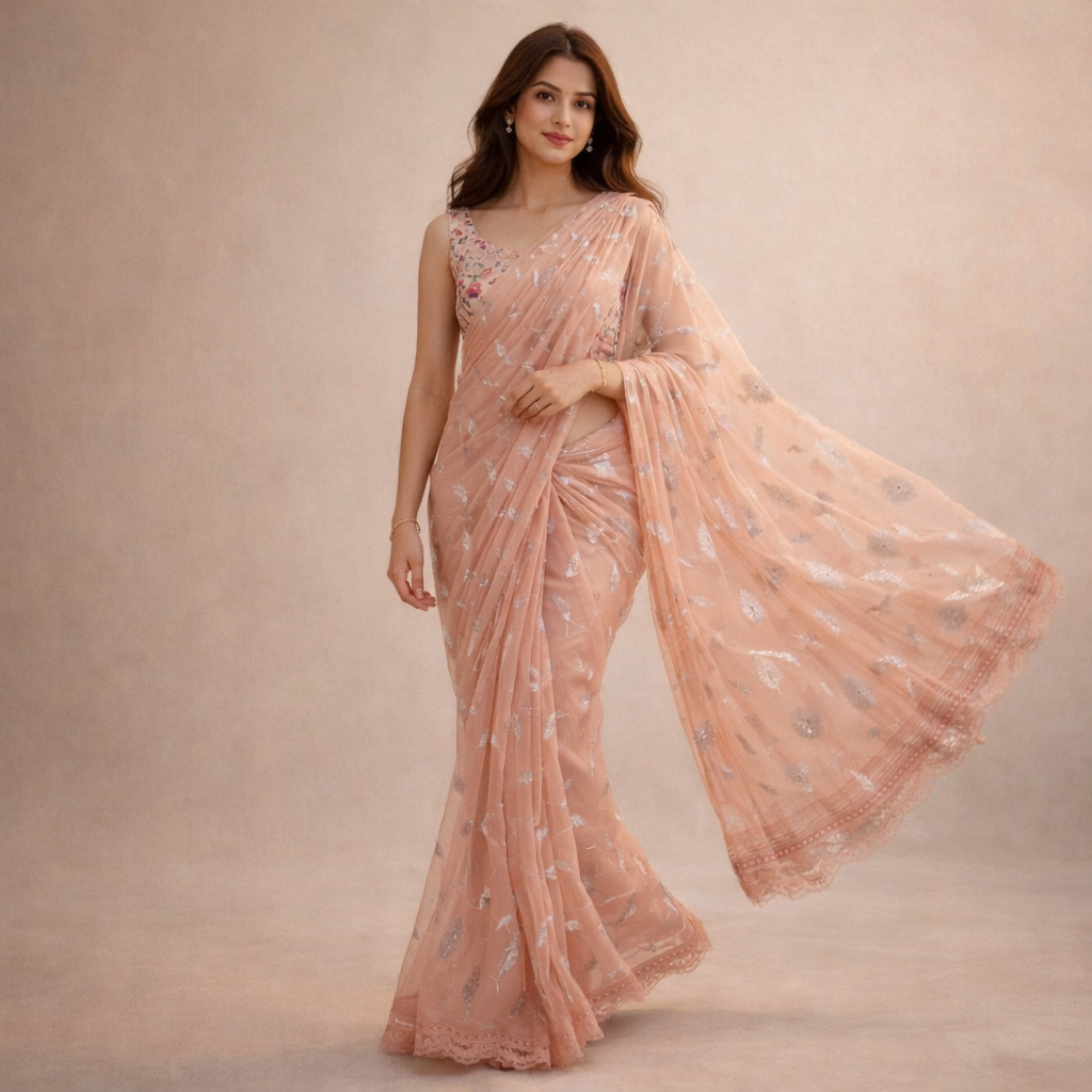 Peach Chiffon Saree With Elegant Chikan Embroidered Blouse For Women