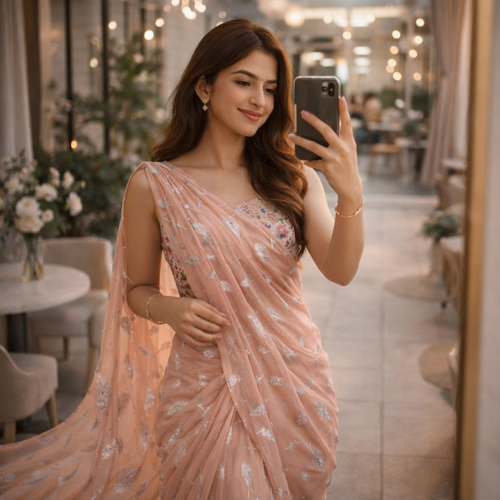 Peach Chiffon Saree With Elegant Chikan Embroidered Blouse For Women