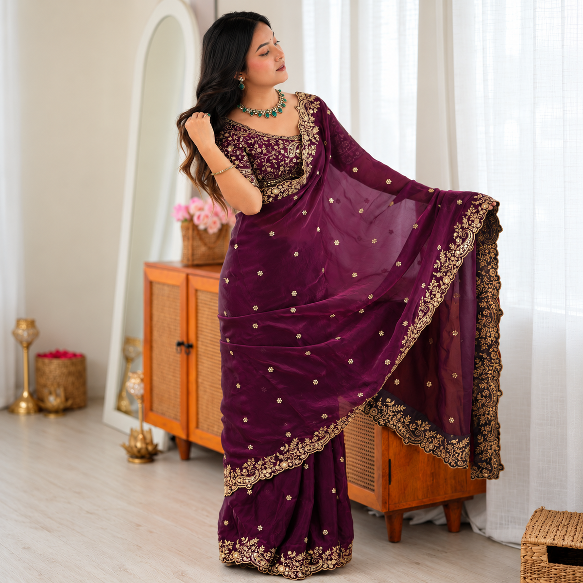 Royal Plum Designer Heavy Fendy Silk Saree with Thread & Sequin Embroidery