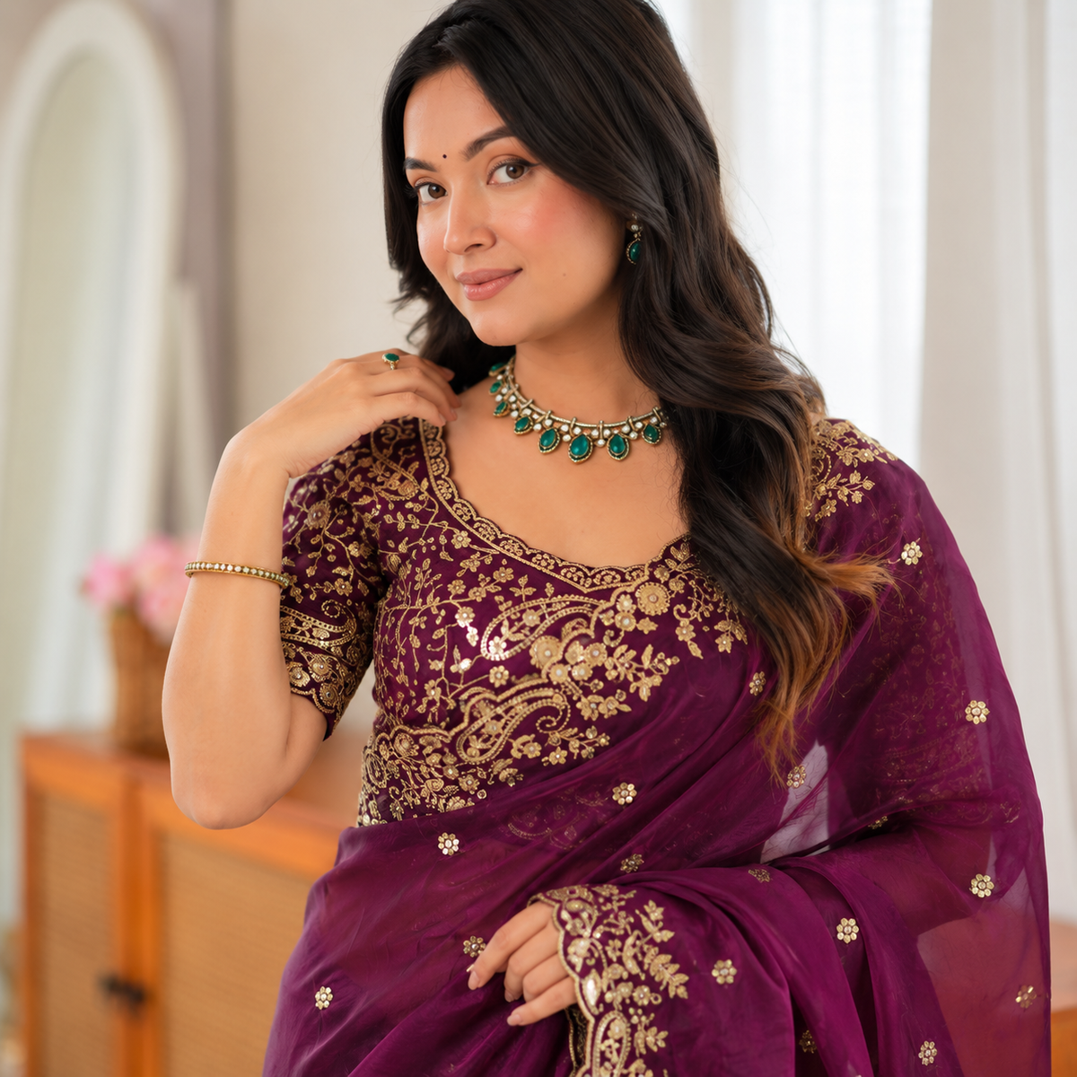 Royal Plum Designer Heavy Fendy Silk Saree with Thread & Sequin Embroidery