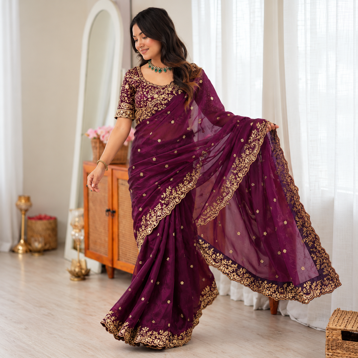 Royal Plum Designer Heavy Fendy Silk Saree with Thread & Sequin Embroidery