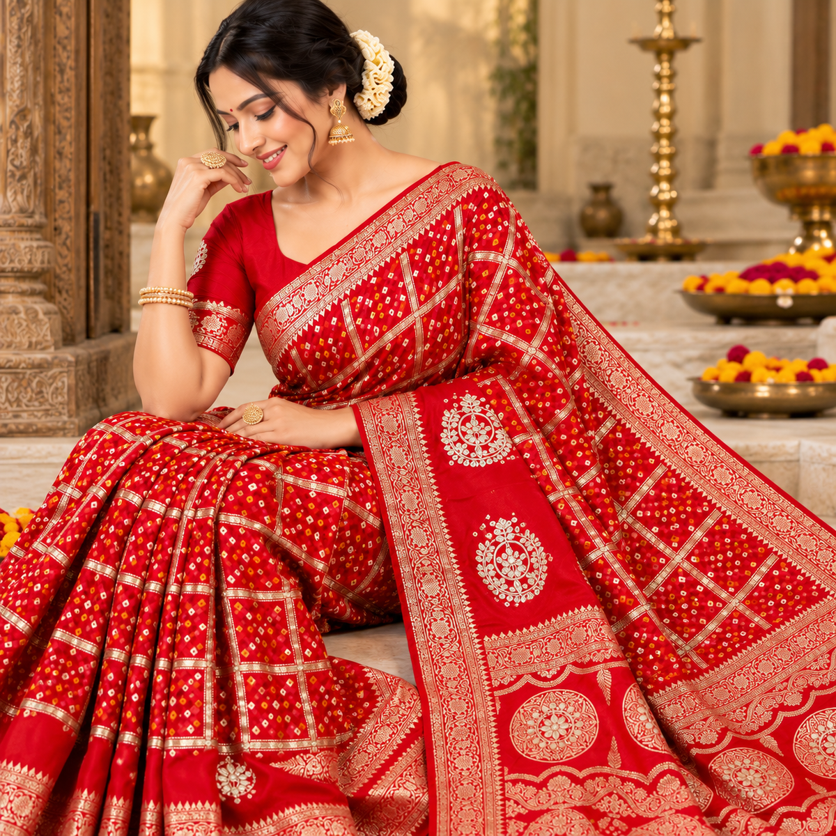 Red Dola Viscose Saree with Premium Meenakari Checks & Heavy Jaipuri Gotapatti Pallu