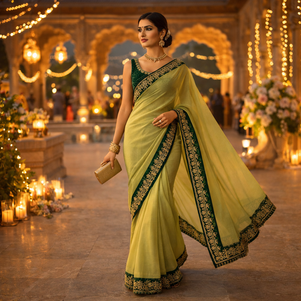 Lemon Green Organza Saree With Gota Patti Work With Designer Blouse For Women