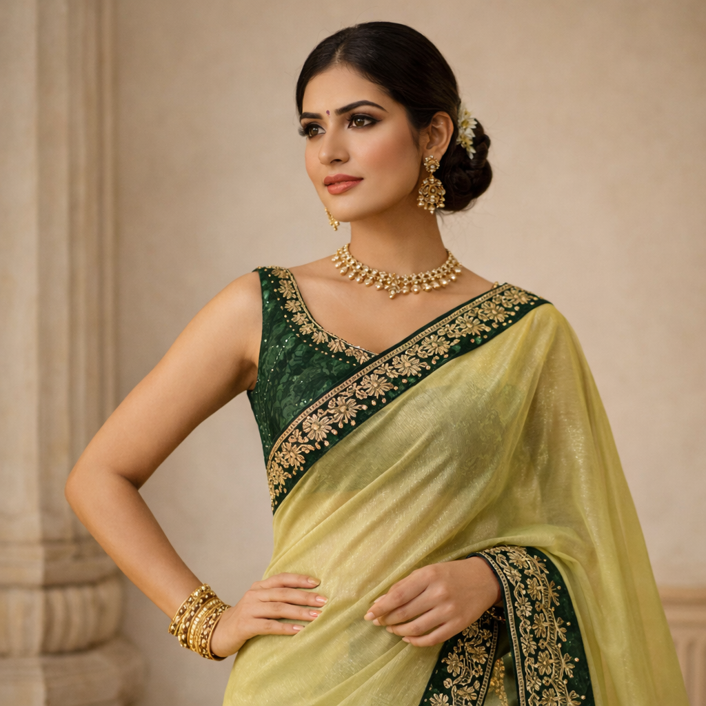 Lemon Green Organza Saree With Gota Patti Work With Designer Blouse For Women