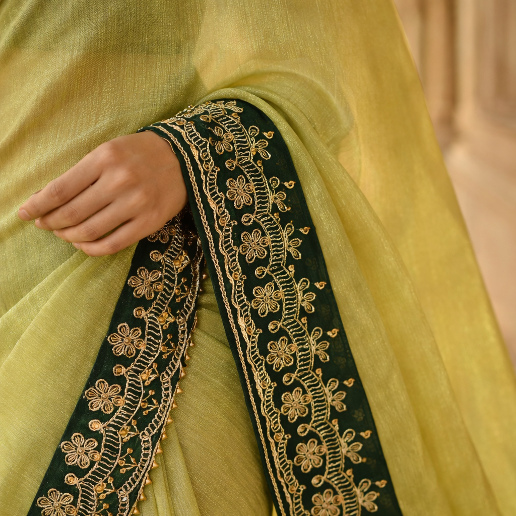 Lemon Green Organza Saree With Gota Patti Work With Designer Blouse For Women