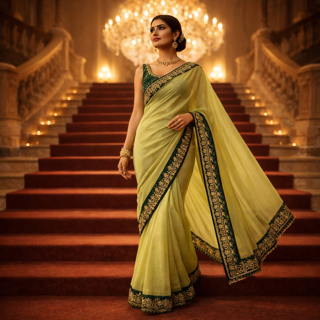 Lemon Green Organza Saree With Gota Patti Work With Designer Blouse For Women