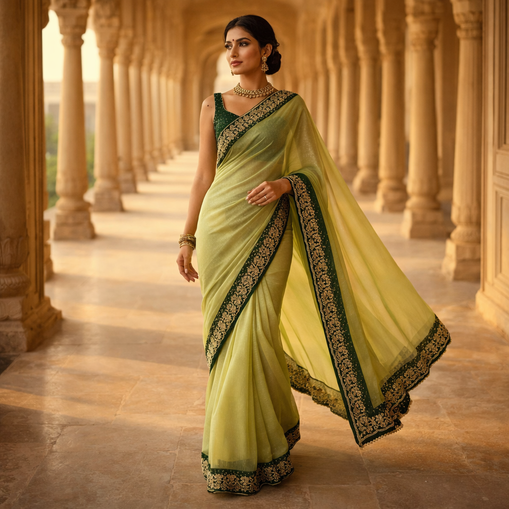 Lemon Green Organza Saree With Gota Patti Work With Designer Blouse For Women