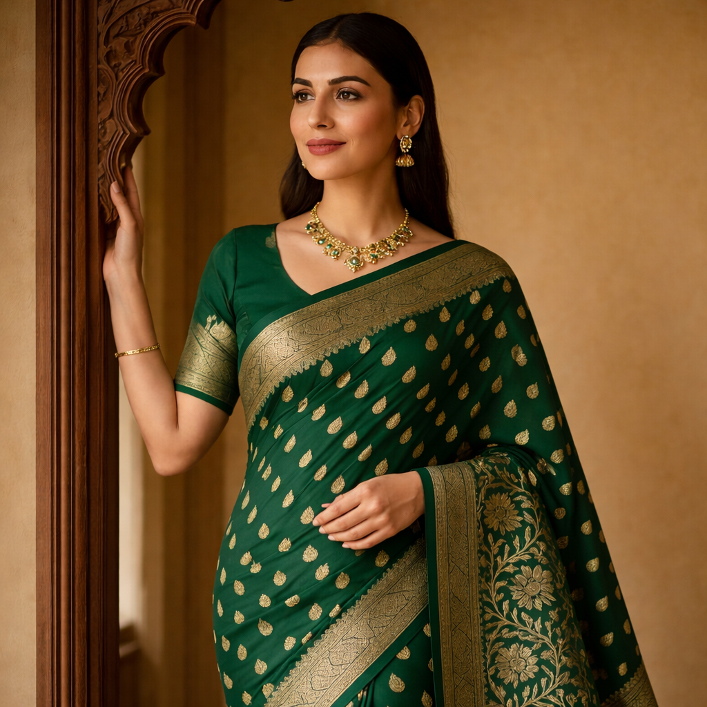 Green Pure Heavy Silk Saree With Blouse – Royal Wedding And Festive Saree For Women For Women