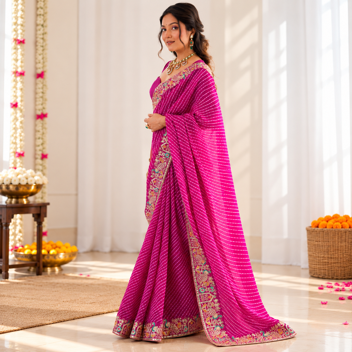 Magenta Faux Georgette Designer Saree with Sequin & Thread Embroidery | Badhani Print