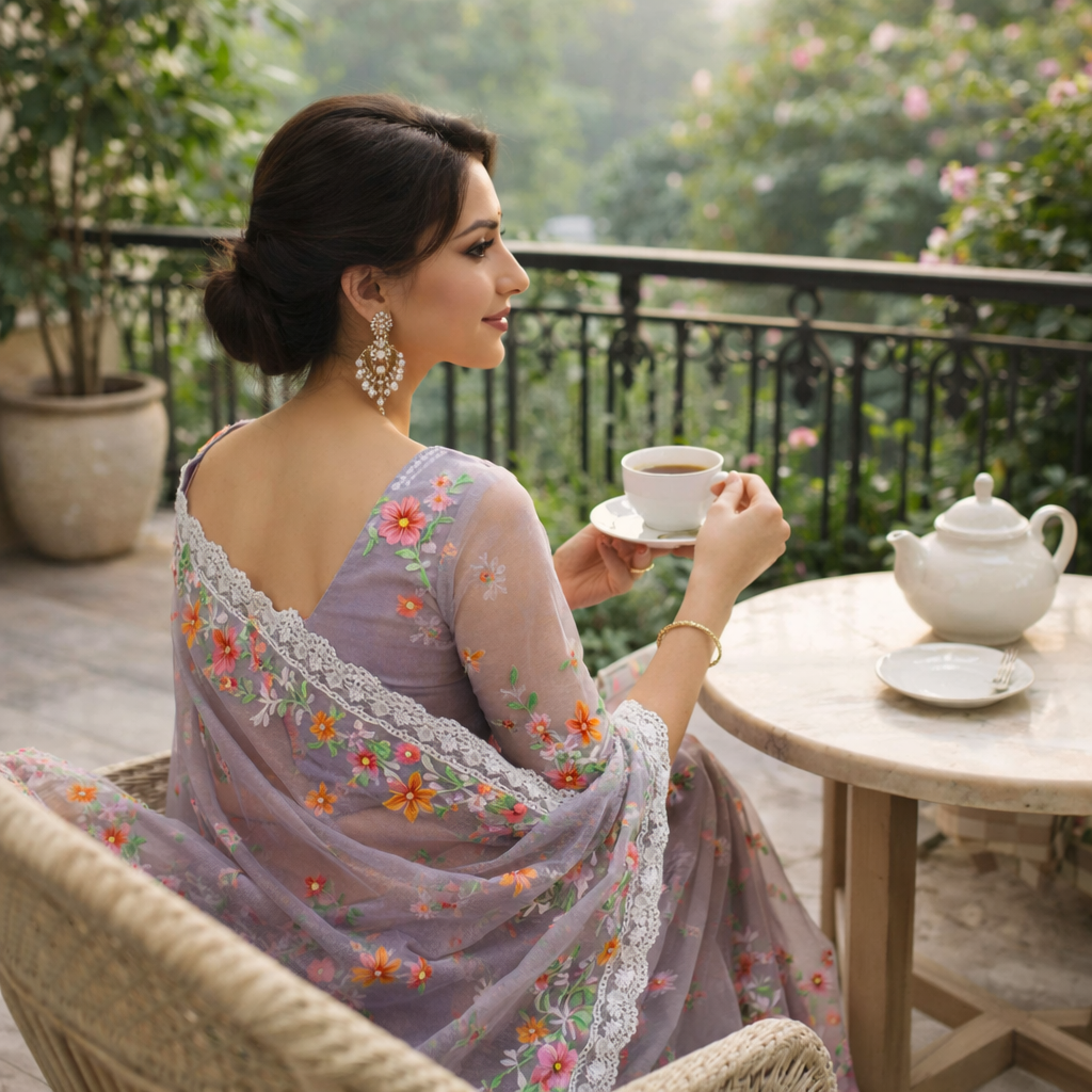 Light Purple Organza Saree With Pearl And Embroidery Work And Blouse – Elegant Wedding And Festive Wear For Women