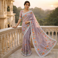 Light Purple Organza Saree With Pearl And Embroidery Work And Blouse – Elegant Wedding And Festive Wear For Women