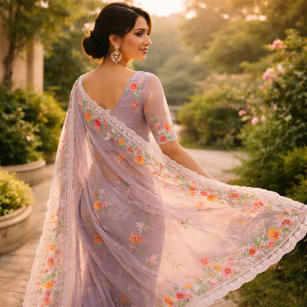 Light Purple Organza Saree With Pearl And Embroidery Work And Blouse – Elegant Wedding And Festive Wear For Women
