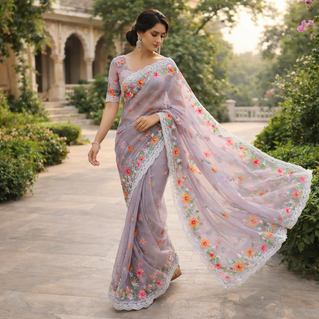 Light Purple Organza Saree With Pearl And Embroidery Work And Blouse – Elegant Wedding And Festive Wear For Women