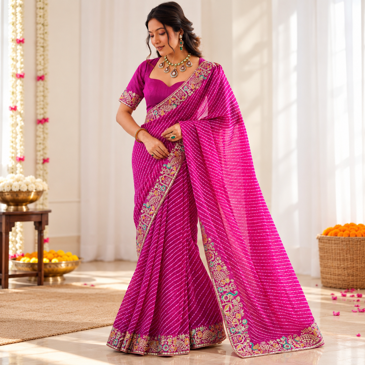 Magenta Faux Georgette Designer Saree with Sequin & Thread Embroidery | Badhani Print