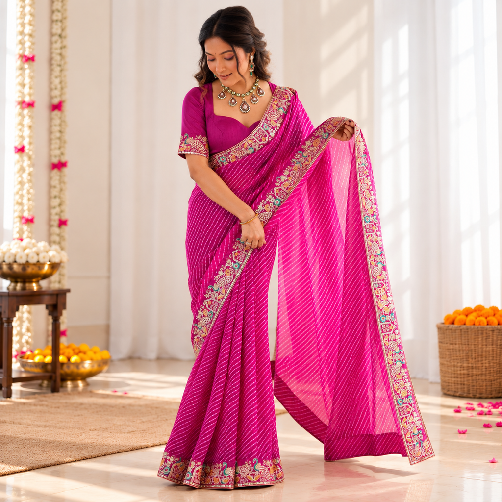 Magenta Faux Georgette Designer Saree with Sequin & Thread Embroidery | Badhani Print