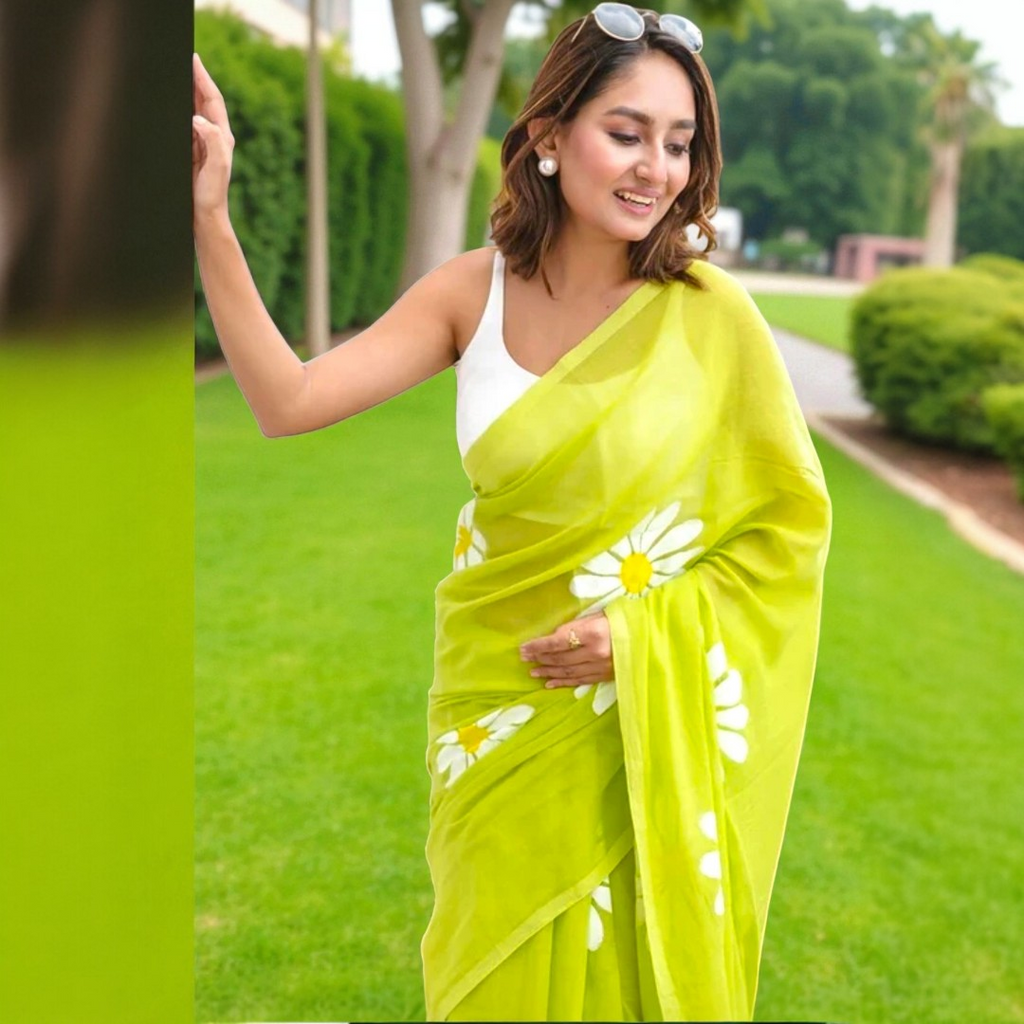 Green Linen Cotton Heavy Digital Print Saree with Blouse – Fresh Floral Festive Wear for Women