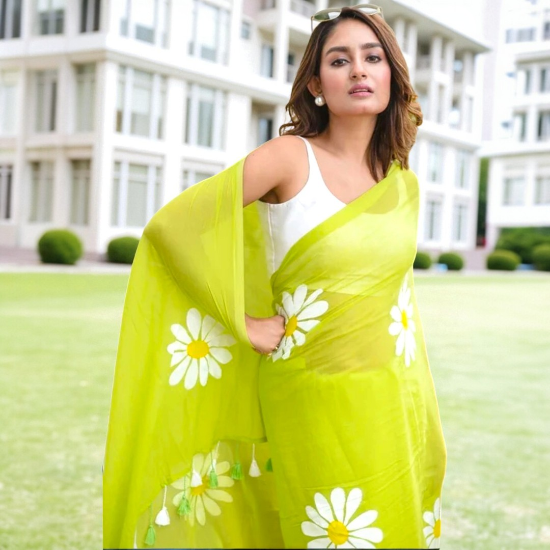Green Linen Cotton Heavy Digital Print Saree with Blouse – Fresh Floral Festive Wear for Women