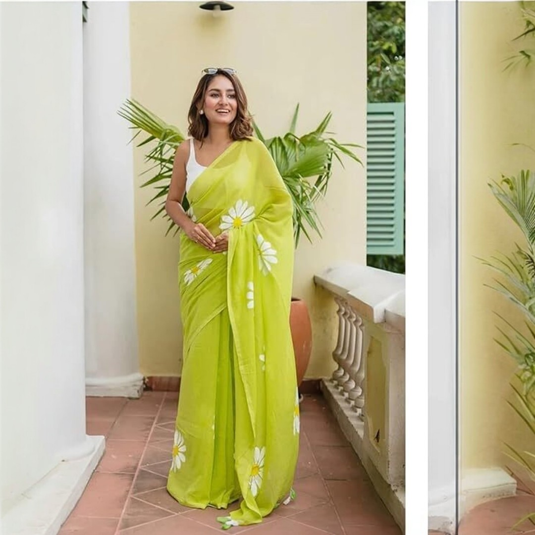 Green Linen Cotton Heavy Digital Print Saree with Blouse – Fresh Floral Festive Wear for Women