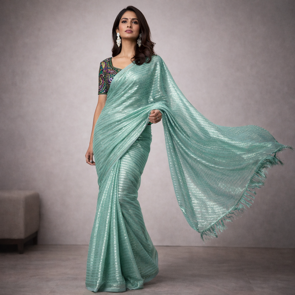 Sea Green Shimmer Chiffon Saree – Lightweight Festive And Party Wear For Women For Women
