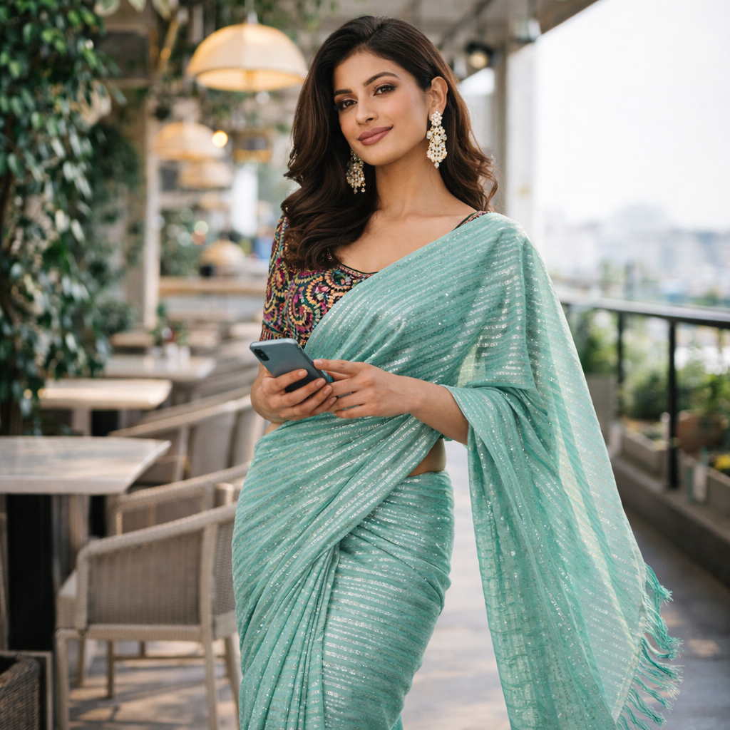 Sea Green Shimmer Chiffon Saree – Lightweight Festive And Party Wear For Women For Women