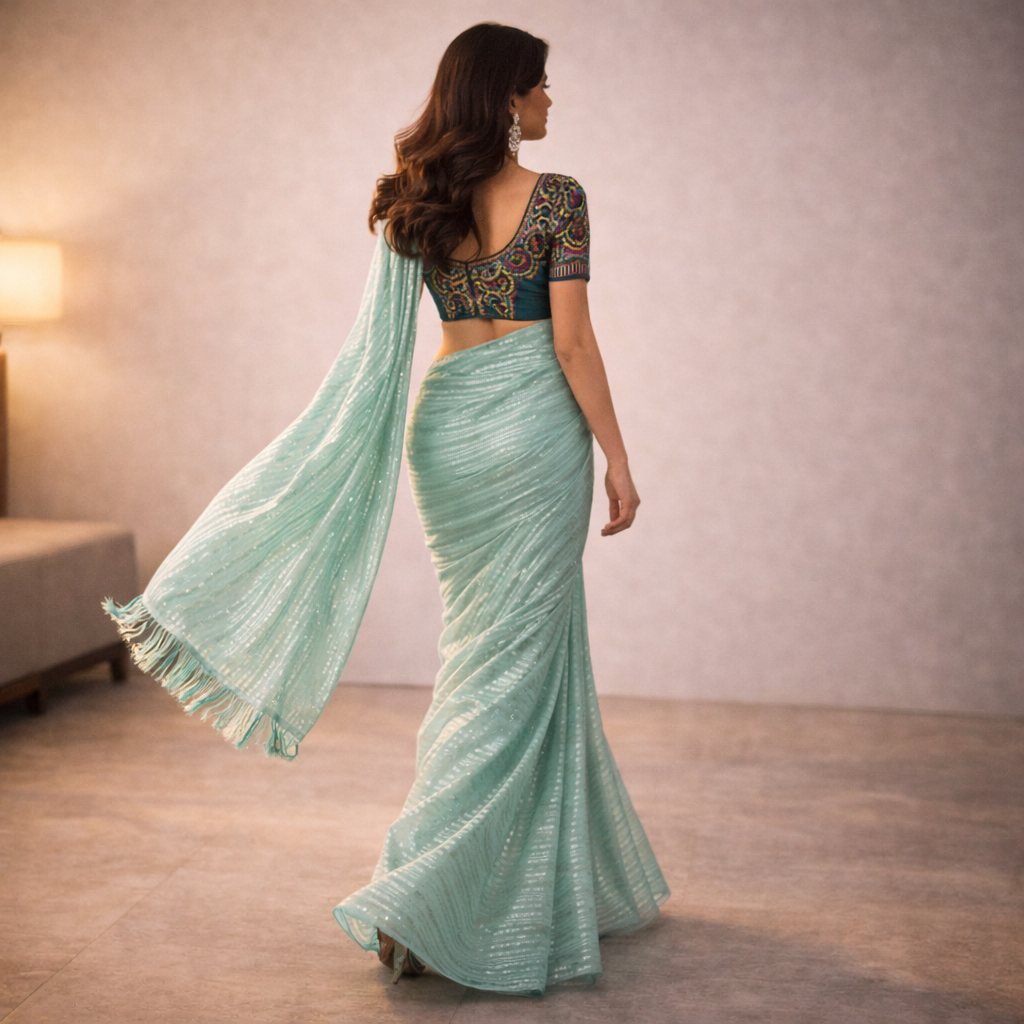 Sea Green Shimmer Chiffon Saree – Lightweight Festive And Party Wear For Women For Women