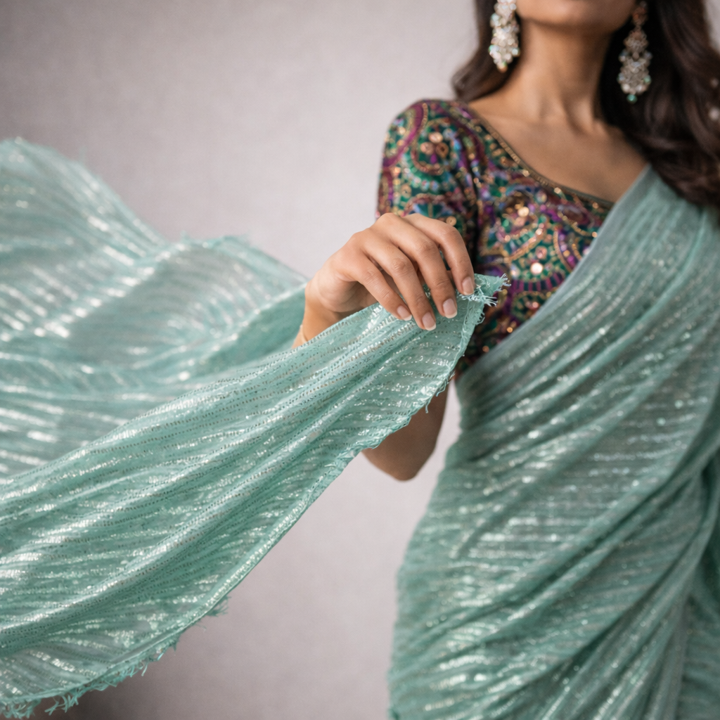 Sea Green Shimmer Chiffon Saree – Lightweight Festive And Party Wear For Women For Women
