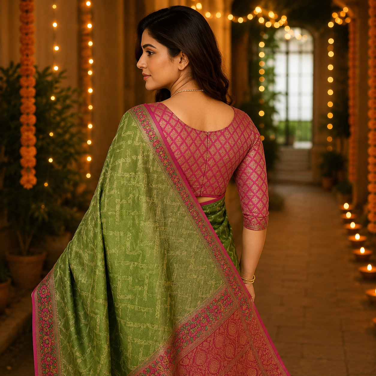 Green And Pink Banarasi Kora Silk Saree With Rich Zari Weaving | Lightweight, Festive And Wedding-Ready For Women