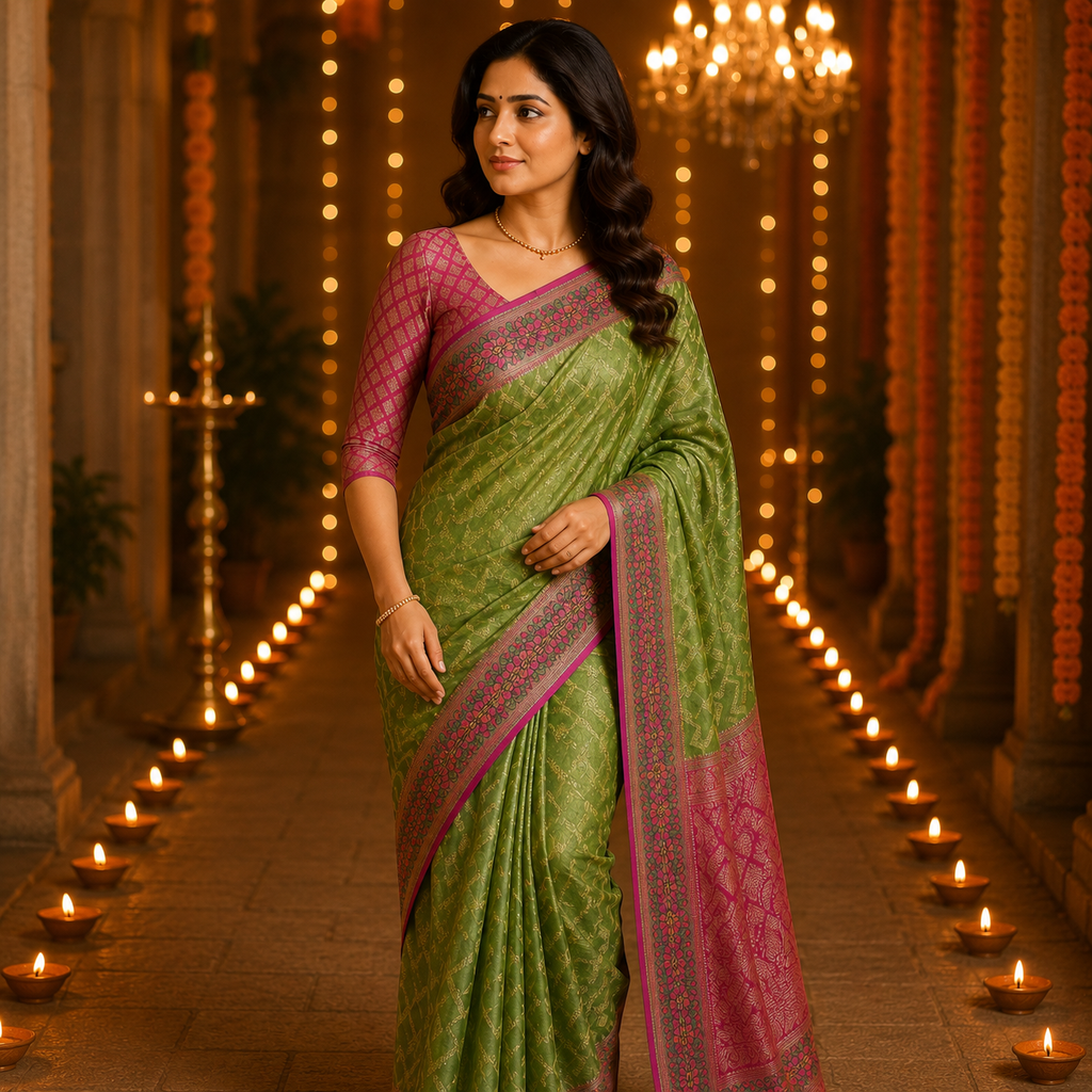Green And Pink Banarasi Kora Silk Saree With Rich Zari Weaving | Lightweight, Festive And Wedding-Ready For Women