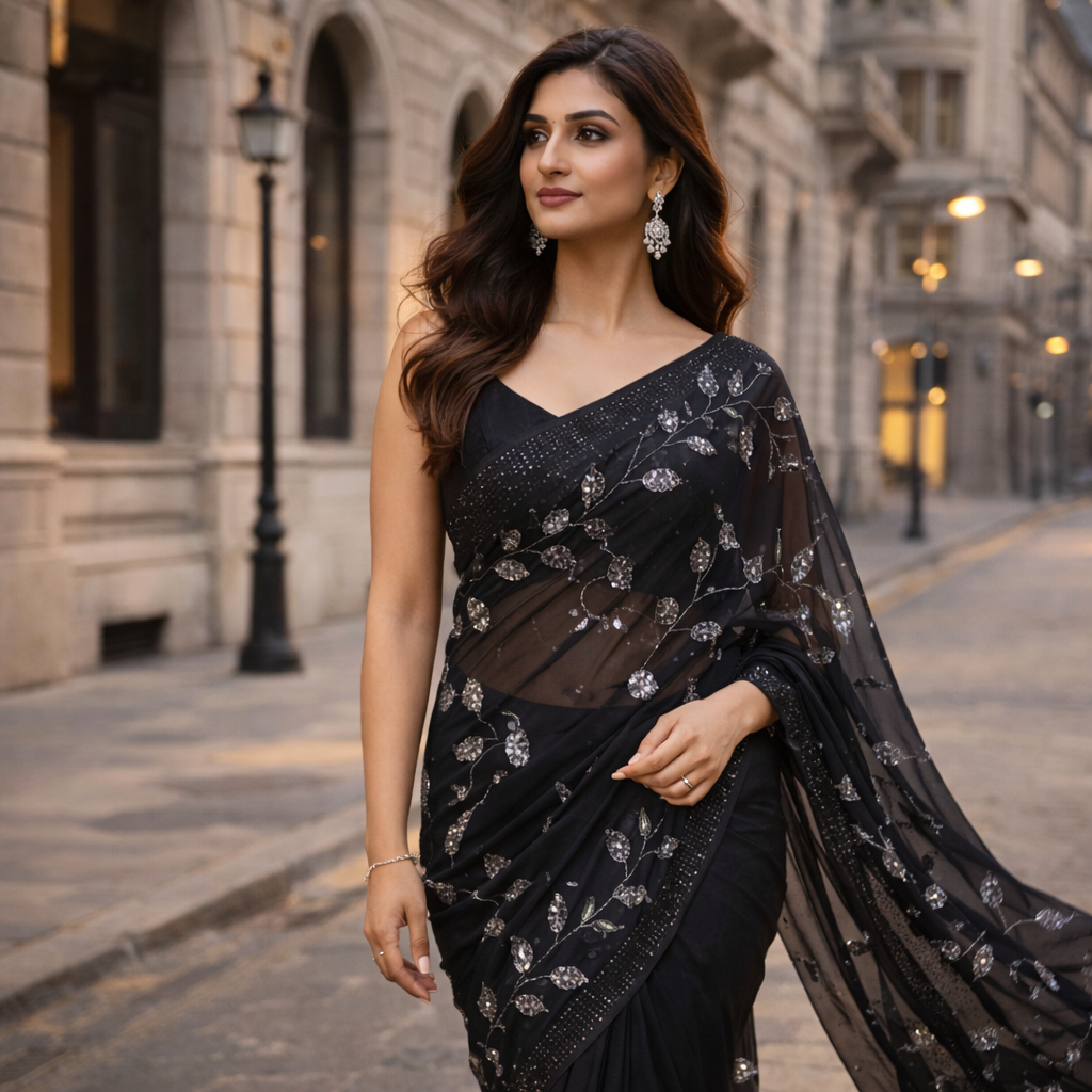 Black Weightless Pattern Saree With Designer Blouse – Bold Elegance In Every Drape For Women