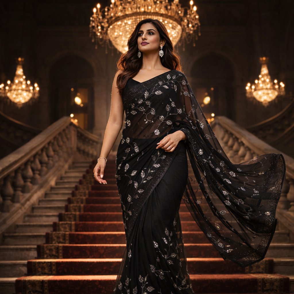 Black Weightless Pattern Saree With Designer Blouse – Bold Elegance In Every Drape For Women