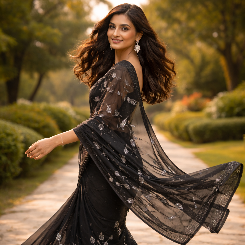Black Weightless Pattern Saree With Designer Blouse – Bold Elegance In Every Drape For Women