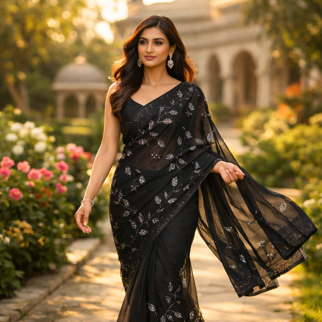 Black Weightless Pattern Saree With Designer Blouse – Bold Elegance In Every Drape For Women