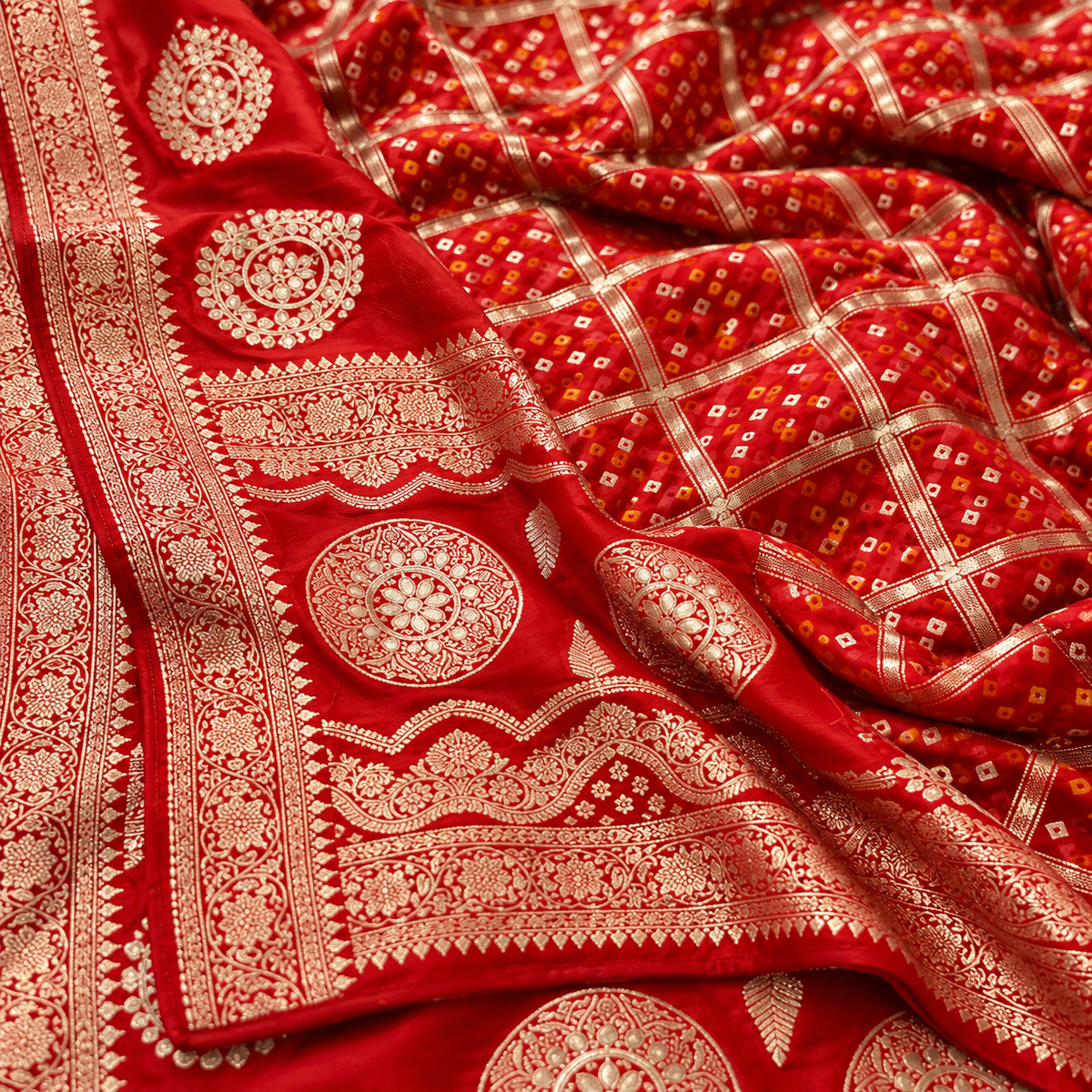 Red Dola Viscose Saree with Premium Meenakari Checks & Heavy Jaipuri Gotapatti Pallu