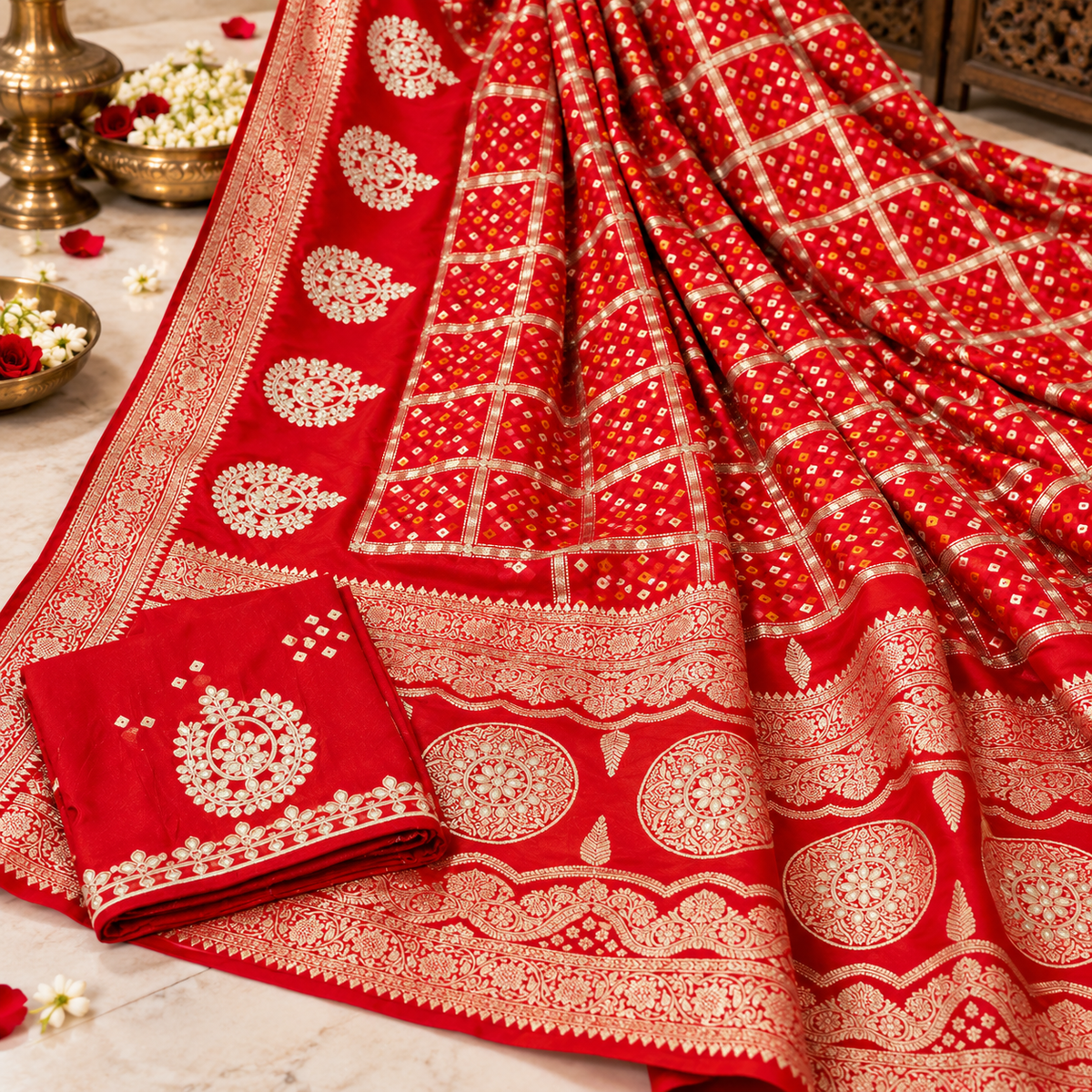 Red Dola Viscose Saree with Premium Meenakari Checks & Heavy Jaipuri Gotapatti Pallu