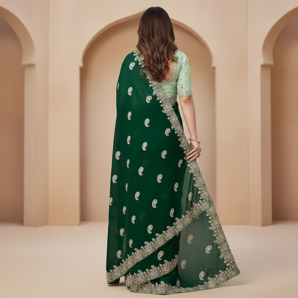 Green Satin Chiffon Saree With Jurkan And Jimmy Choo Blouse – Glamour That Glows With Grace For Women