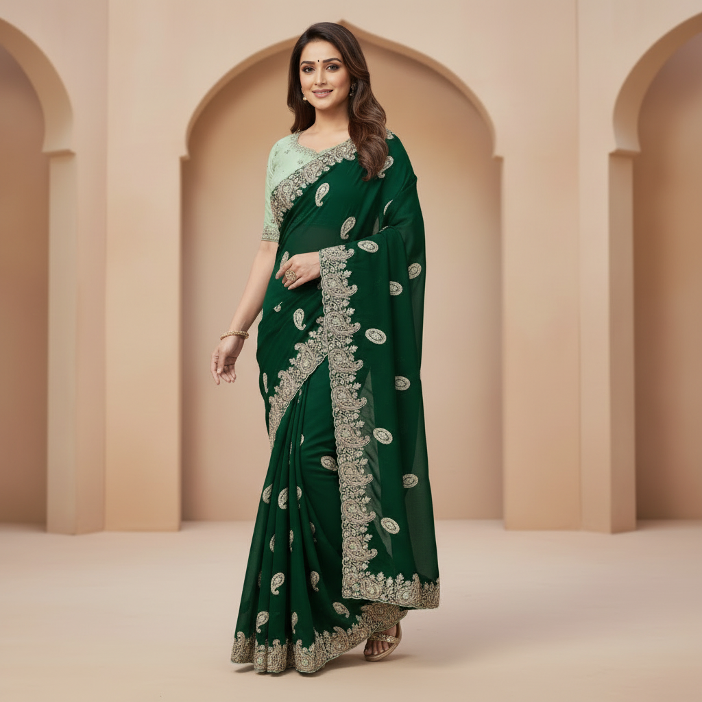 Green Satin Chiffon Saree With Jurkan And Jimmy Choo Blouse – Glamour That Glows With Grace For Women