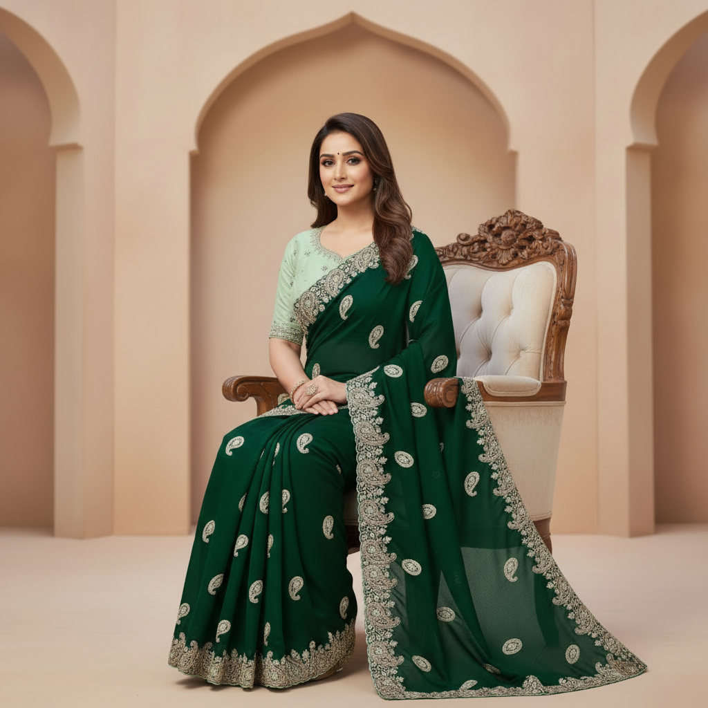 Green Satin Chiffon Saree With Jurkan And Jimmy Choo Blouse – Glamour That Glows With Grace For Women