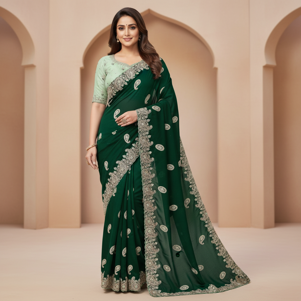 Green Satin Chiffon Saree With Jurkan And Jimmy Choo Blouse – Glamour That Glows With Grace For Women